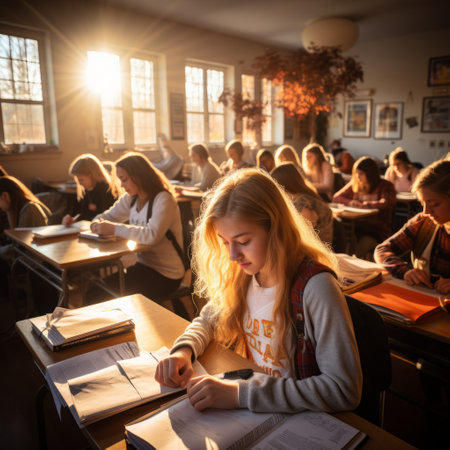 Young female student sitting at her desk in class with her hand on her chin and reading a textbookの素材