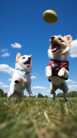 Two dogs are playing fetch in the parkの素材