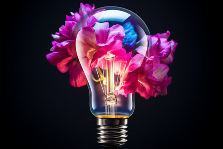 Light bulb with colorful flowers and dark backgroundの素材