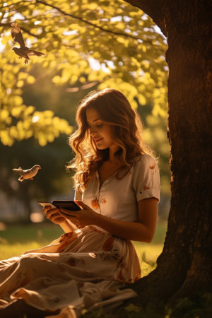 Young woman reading a book in the parkの素材