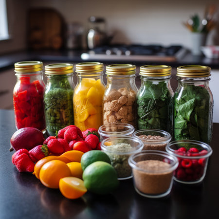 A variety of fresh fruits and vegetables are on a table in glass jars and containers.の素材