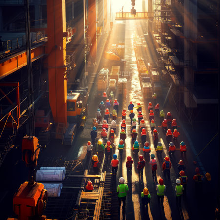 Construction workers walking towards the lightの素材