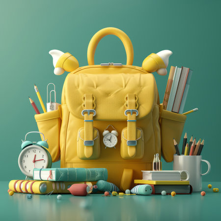 Cute yellow schoolbag with books and stationeryの素材