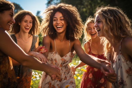Laughing and holding hands in a field of flowersの素材