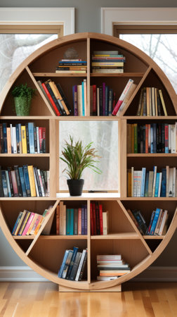 A wooden circular bookshelf filled with books and plants.の素材