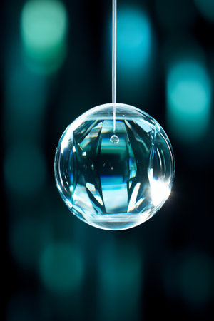 Transparent glass ball hanging from a string with a blurred backgroundの素材