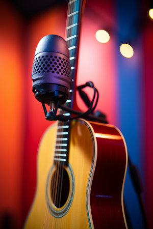 Close-up of a microphone and an acoustic guitar in a recording studioの素材