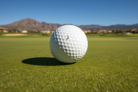 Close-up of a golf ball on a putting green with the golf course and mountains in the backgroundの素材