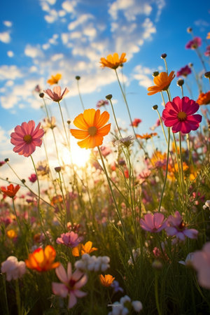 Field of flowers in full bloom under the sunlightの素材