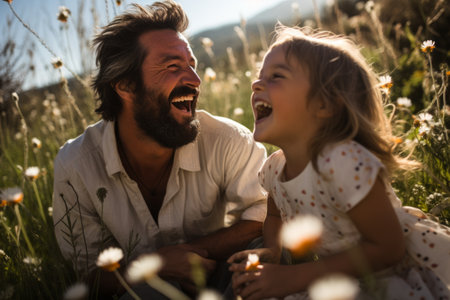 Father and daughter laughing in a field of flowersの素材