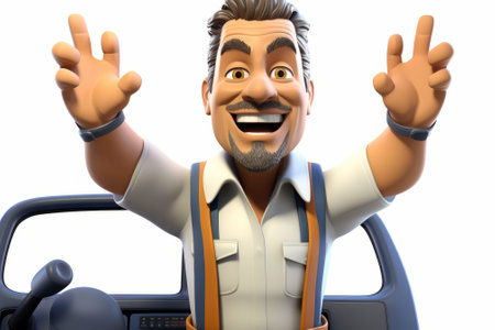 Happy contractor man with arms raisedの素材