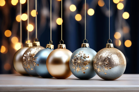 Blue and gold Christmas ornaments hanging in front of a blurred background with bokeh lightsの素材