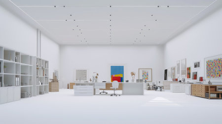 An illustration of a modern office space with white walls and furnitureの素材