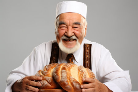 Happy baker with a tray of breadの素材