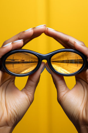 Black sunglasses with yellow lenses held by two hands in front of a yellow backgroundの素材