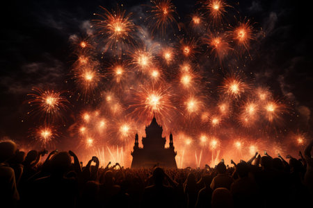 Fireworks light up the sky above a crowd of peopleの素材