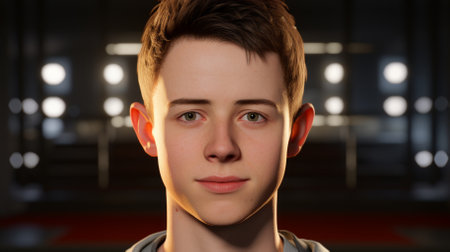 Portrait of a young man with brown hair and green eyesの素材