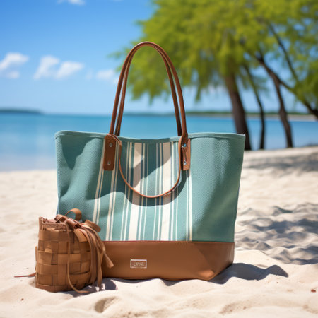 Beach tote bag with woven basket on sandの素材