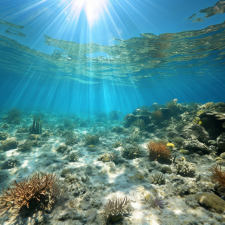 Underwater coral reef scenery with sun rays shining through the water surfaceの素材
