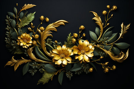 golden flowers and leaves on black backgroundの素材