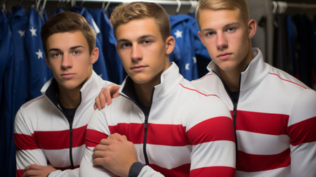 Three young male athletes in red white and blue striped jacketsの素材