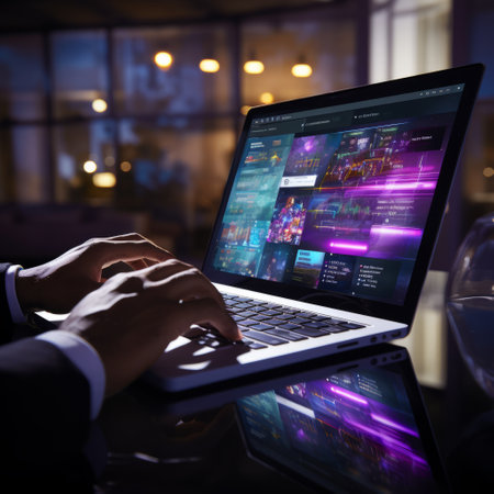 Black man coding in front of a laptop in a dark roomの素材