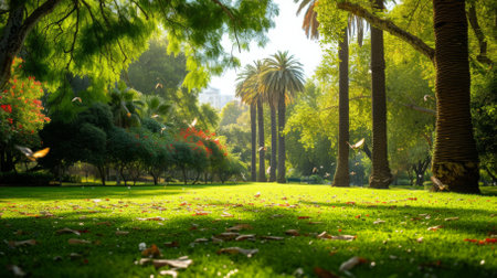 Birds flying in a park with green trees and a palm treeの素材