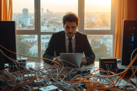 A man in a suit is sitting at a desk full of cables and network equipment.の素材