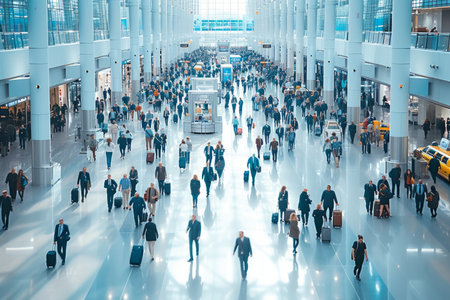 Crowded airport terminal with people walking in all directionsの素材
