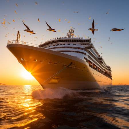 Large cruise ship on the open ocean with seagulls flying overheadの素材