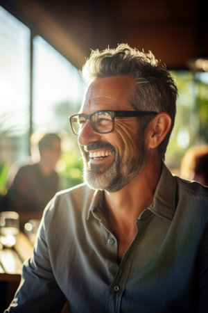 Portrait of a Bearded Man Wearing Glasses and a Green Shirtの素材