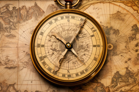 A golden compass on a detailed world mapの素材