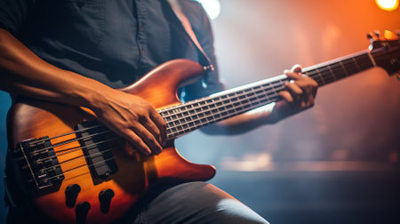 A musician playing bass guitar on stageの素材