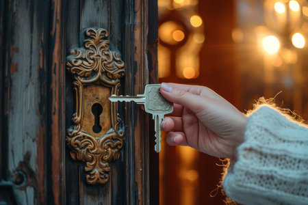 Hand inserting a key into an old vintage door lock with a beautiful patternの素材