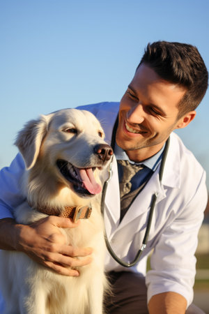 Young male veterinarian with golden retriever outdoorsの素材