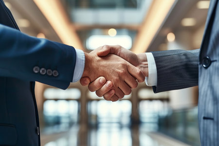 Businessmen in suits shaking hands in agreementの素材