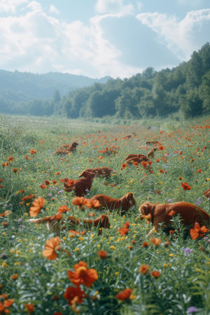 A beautiful field of red flowers with a pack of dogsの素材
