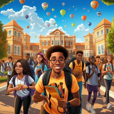 A group of diverse high school students walk and talk in front of a school buildingの素材