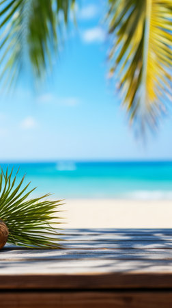 An Empty Wooden Table with Palm Leaves and Coconut on Tropical Beachの素材