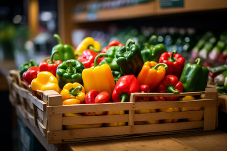 An abundance of bell peppers in a wooden crateの素材