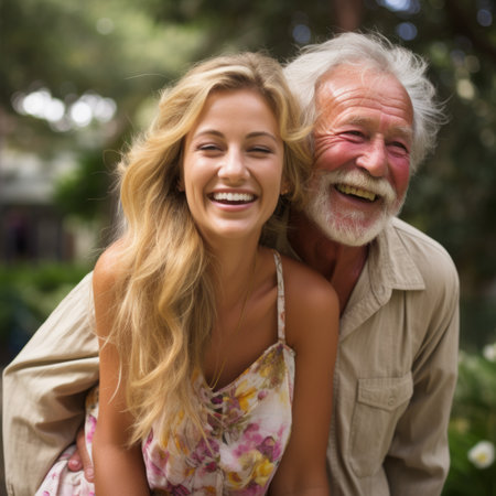 Happy old man and young woman laughing togetherの素材