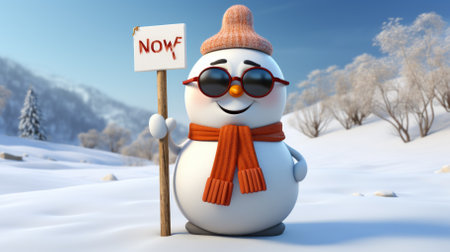 3D rendering of a snowman wearing a hat, sunglasses and scarf, holding a sign that says NOWの素材