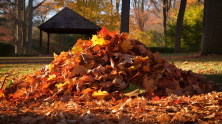 Huge pile of fallen maple leaves in autumn park with a wooden gazebo in the backgroundの素材