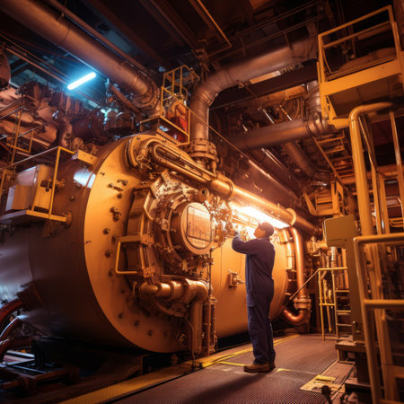 An industrial worker inspects a large, yellow, cylindrical machine in a factoryの素材