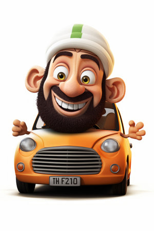 Illustration of a 3D cartoon character of a man with a beard wearing a turban and driving a yellow carの素材