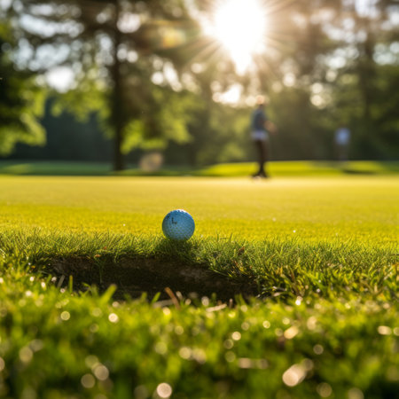Close-up of a golf ball on the green with a blurred background of a golfer in the distanceの素材