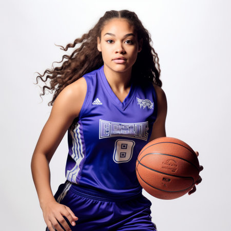 High school girl basketball player dribbling ballの素材
