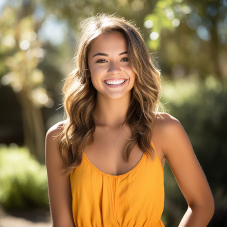 Portrait of a smiling young woman with long brown hair wearing a yellow dress standing outsideの素材