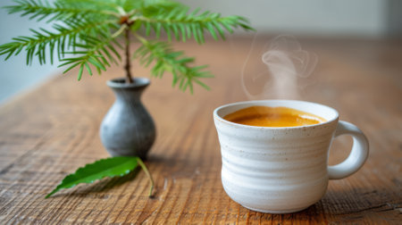 White ceramic cup of coffee with green leaf and small potted plant on wooden tableの素材