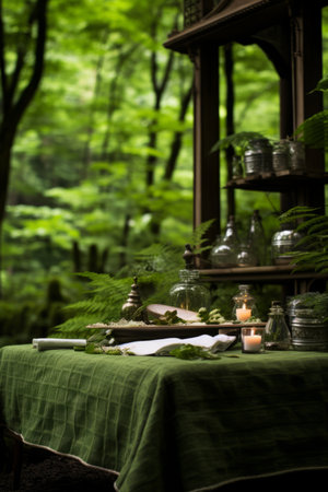 An illustration of a table set up in a forest with a green tablecloth, candles, and a book.の素材